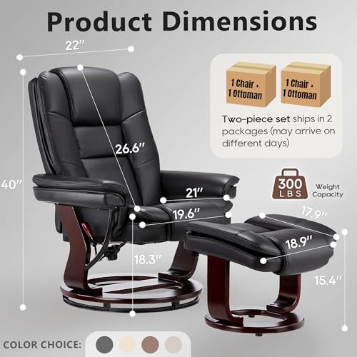 Swivel Recliner Chair with Ottoman Reclining Lounge Sofa Footrest, Set of 1 | 360°Sturdy Wood Base, Soft Faux Leather, Upholstered Ultra-Plush Foam, Modern Armchair, Living Room Bedroom Office Reading - color: Black, size: Set of 1