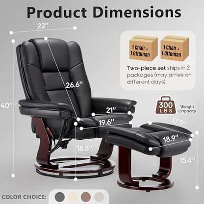 Swivel Recliner Chair with Ottoman Reclining Lounge Sofa Footrest, Set of 1 | 360°Sturdy Wood Base, Soft Faux Leather, Upholstered Ultra-Plush Foam, Modern Armchair, Living Room Bedroom Office Reading - color: Black, size: Set of 1