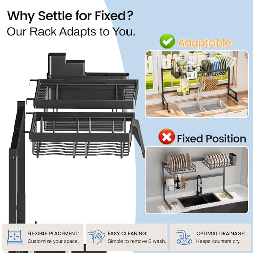 ADBIU Over The Sink Dish Drying Rack (Expandable Height and Length) Snap-On Design 2 Tier Large Dish Rack - color: Black, size: 22.6" - 35.5"(L) x 12"(W) x 19" - 22"(H)