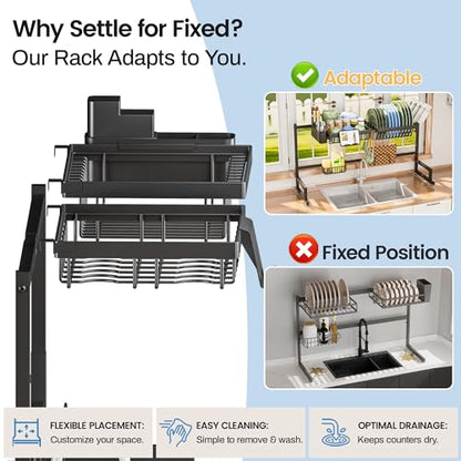 ADBIU Over The Sink Dish Drying Rack (Expandable Height and Length) Snap-On Design 2 Tier Large Dish Rack - color: Black, size: 22.6" - 35.5"(L) x 12"(W) x 19" - 22"(H)