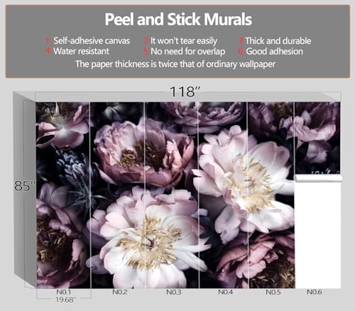 XMPMBM-Peel and Stick Purple Peony Floral Wallpaper Black Flower wall Mural | Thick and tear-resistant,Will not be damaged during repositioning,Living Room Bathroom,Bedroom wallpaper.M-118"X85" - color: M03, size: 118"x85"