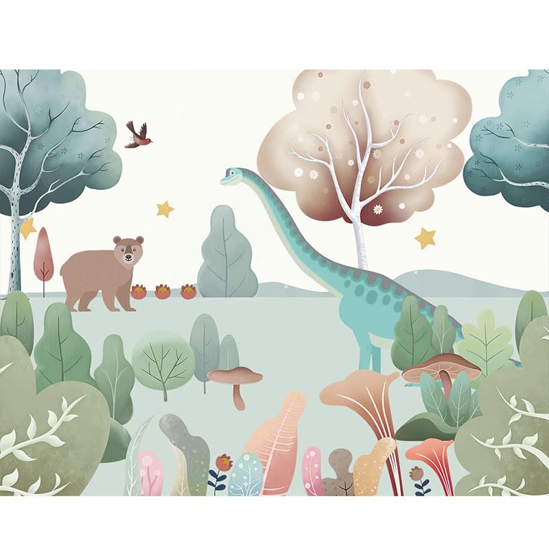 ASJ Dinosaur Peel and Stick Wallpaper Mural, Nursery Woodland Mint Green | Seamless edge-to-edge match. Bear mushroom nature artwork, 118x78 in, premium fabric, boys girls room playroom. - color: mint green, size: 118" x 78"