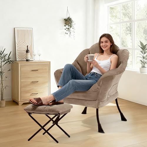 Lazy Chair with Ottoman, Modern Accent Lounge Chair with Side Pocket and Armrests, Cozy Reading Armchair with Footrest, Upholstered Sofa Chair for Small Spaces, Bedroom Living Room, Brown - color: Brown