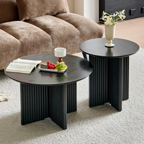 Fluted Round Nesting Coffee Table Set of 2, Modern Wood Coffee Tables and End Table Set, Circle Side Table Minimalist Center Tables for Living Room, Office, Black - color: Black, size: Set of 2-Cross-leg Table