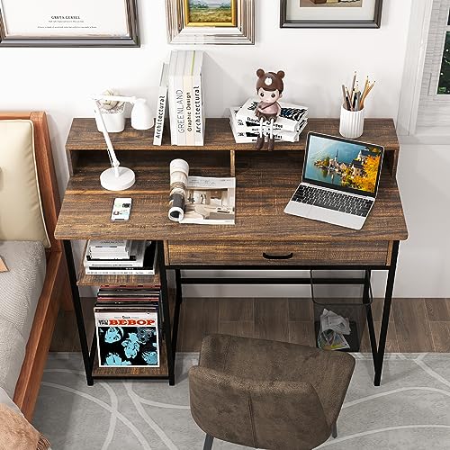 Tangkula Computer Desk with Storage Drawer & Monitor Stand, 48” Home Office Writing Desk with 2 Open Shelves & Compartments, Computer Workstation Writing Study Desk with Metal Frame (Rustic Brown)