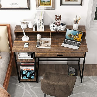 Tangkula Computer Desk with Storage Drawer & Monitor Stand, 48” Home Office Writing Desk with 2 Open Shelves & Compartments, Computer Workstation Writing Study Desk with Metal Frame (Rustic Brown)