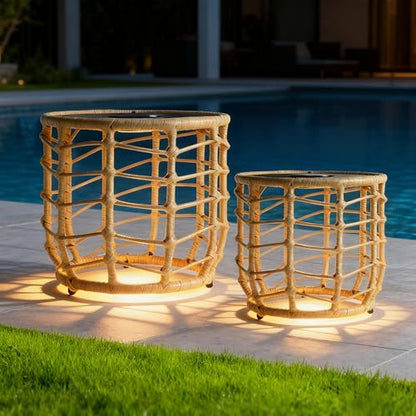 Boho Solar Outdoor Side Table with Built-in Lights Set of 2, All-Weather Wicker Nesting Tables, Round Waterproof Accent End Table Design for Patio, Porch, Garden & Balcony, Natural Brown - color: Natural Brown