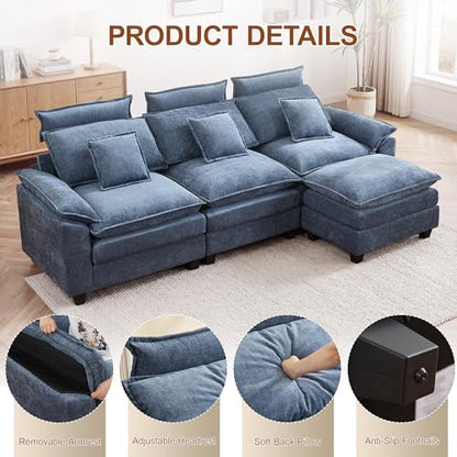103'' Modular L Shaped Sofa, Cloud Deep Seat Sofa Couch with Ottoman, Detachable Headrest, 3 Seater Sectional Sofas for Living Room, Apartment, Studio, Blue - color: Blue, size: L Shaped Couch