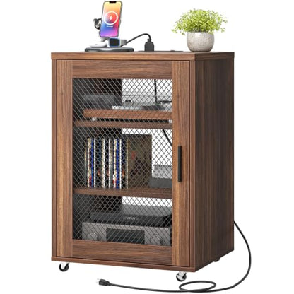 Media Cabinet with Charging Station, Stereo Cabinet with Wheels, Audio-Video Media Stand with Adjustable Shelves and Mesh Door, AV Rack for Living Room, Home Theater, Walnut MBZ23UHT