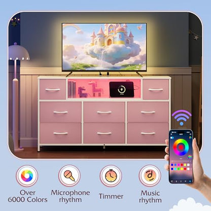 WLIVE LED Dresser TV Stand for 55 Inch TV, 8 Drawers, Pink | Fits TVs up to 55 inch, 8 fabric drawers, LED chest of drawers, Built-in power outlet, Living room or bedroom - color: A-pink
