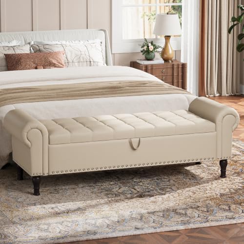 YOUDENOVA Ottoman with Storage, 60" End of Bed Bench with Rolled Arms, Upholstered Storage Bench with Vintage Rivets for Bedroom, Living Room, Entryway, Beige+Brown Legs - color: Beige & Brown Legs, size: 60 Inches