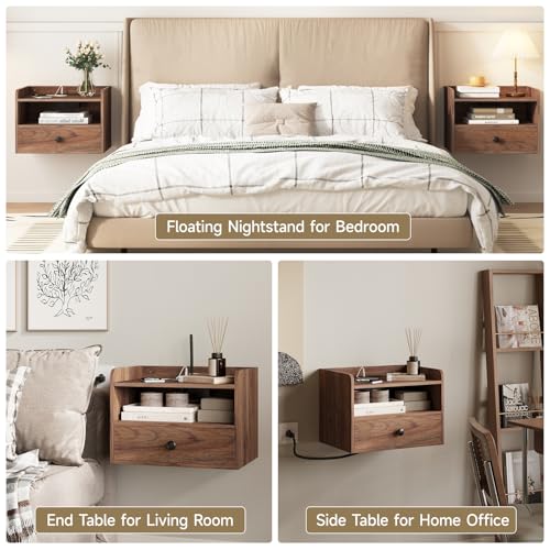 Floating Nightstand Set of 2 Modern Night Stands with Drawer and Open Shelf | Cubby Small Bedside End Table with Charging Station Wall Mounted Nightstands Set 2 for Bedroom Brown Walnut - color: Brown