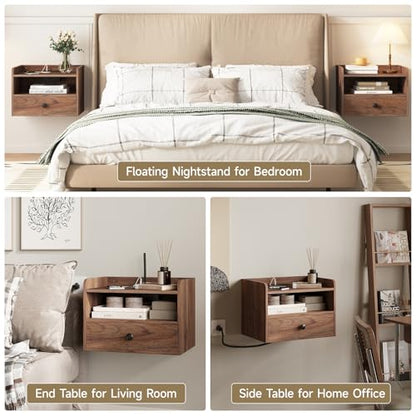 Floating Nightstand Set of 2 Modern Night Stands with Drawer and Open Shelf | Cubby Small Bedside End Table with Charging Station Wall Mounted Nightstands Set 2 for Bedroom Brown Walnut - color: Brown