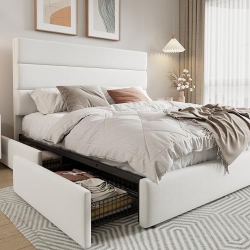 Allewie Modern Queen Size Platform Bed Frame with 4 Storage Drawers | Velvet Upholstered Headboard, Wooden Slats Support, Upholstered Mattress Foundation/No Box Spring Needed/Easy Assembly, White - color: White, size: Queen