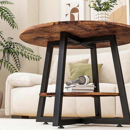 Round Coffee Table with Storage,Metal Small Coffee Table,Brown | 2-Tier Circle Small Coffee Table for Living Room, Metal Frame/Wood Look,Modern Sofa Table Center for Home Office - color: Brown