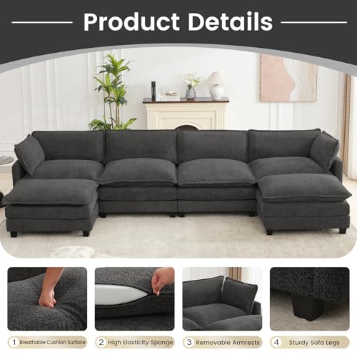 ROWHY Oversized Modular Sectional Couch with 2 Movable Ottoman, 148" Modern Convertible U Shaped Sofa Set, 4 Seat Comfy Cloud Couch with 2 Throw Pillows, for Living Room, Chenille, Charcoal Grey - color: Chenille Dark Grey, size: 6 Seats U-Shaped