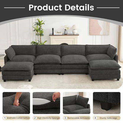ROWHY Oversized Modular Sectional Couch with 2 Movable Ottoman, 148" Modern Convertible U Shaped Sofa Set, 4 Seat Comfy Cloud Couch with 2 Throw Pillows, for Living Room, Chenille, Charcoal Grey - color: Chenille Dark Grey, size: 6 Seats U-Shaped