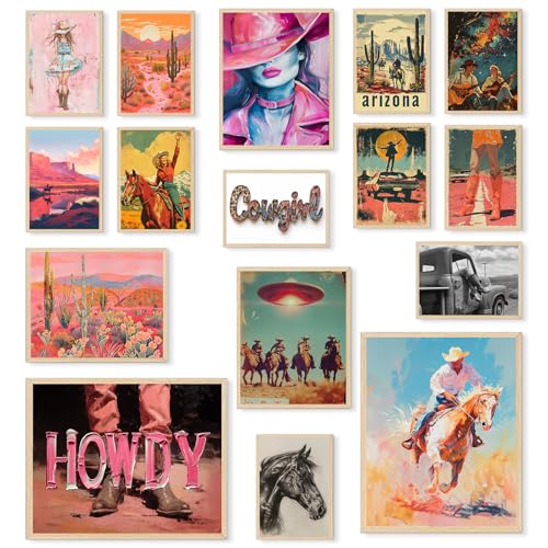 Aroutde 16Pcs Pink Western Cowgirl Wall Art Prints, Retro Desert Cactus Howdy Cowboy Room Decor, Minimalist Western Wall Decor Aesthetic Southwestern Posters for Teen Girls Bedroom Dorm Living Room, Unframed - color: Western wall art