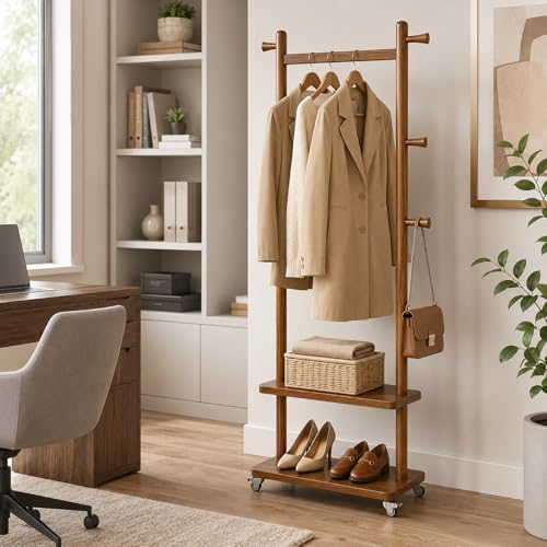 Coat Rack Freestanding Solid Wood Clothes Rack with Wheels | Space Saving, Stable 5 Hooks 2 Shelves Coat Tree, Silent 360 Degree Wheels, Heavy Duty 150 lb Capacity for Entryway Bedroom - color: Walnut Brown, size: L: 23.6" x W: 11.8" x H: 70.9" (With Whee