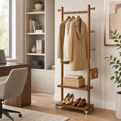 Coat Rack Freestanding Solid Wood Clothes Rack with Wheels | Space Saving, Stable 5 Hooks 2 Shelves Coat Tree, Silent 360 Degree Wheels, Heavy Duty 150 lb Capacity for Entryway Bedroom - color: Walnut Brown, size: L: 23.6" x W: 11.8" x H: 70.9" (With Whee