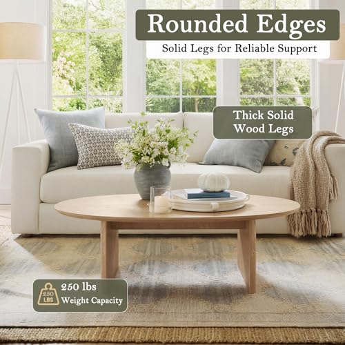 Honyee Oval Coffee Table, 47.2" Wood Coffee Table for Living Room, Modern Wooden Center Table with Solid Wood Veneer Legs, Sturdy Rounded Edge Design, Easy Assembly, Apartment Friendly, Natural - size: 47.2 inches x 27.6 inches x 16.5 inches