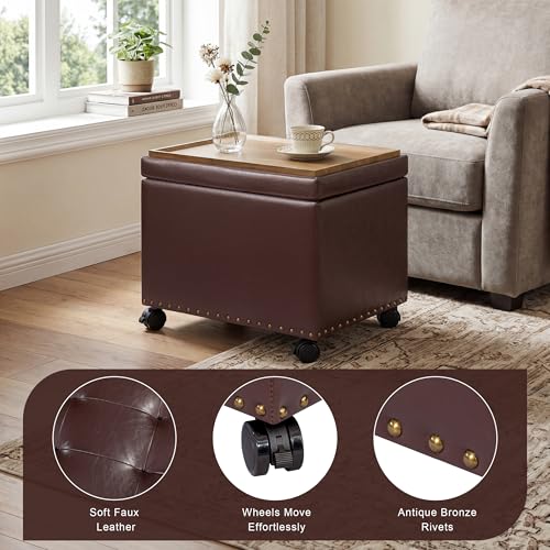 Homebeez 22 inch Storage Ottoman with Tray Top, Multi-Functional Faux Leather Coffee Table with Storage, Tufted Foot Rest with Nailhead Trim for Living Room, Reddish Brown - color: Reddish Brown With Wheels