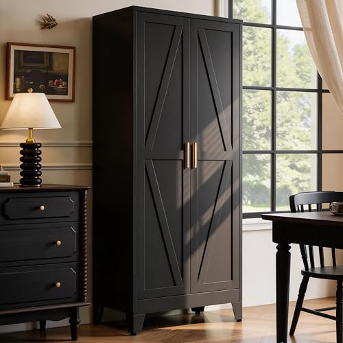 71" H Black Metal Storage Cabinets,Garage Storage Cabinet,Tall Pantry Cabinet with Doors,Kitchen Food Storage Cabinet,Farmhouse Storage Cabinets for Kitchen, Dining Room - color: Black, size: 71“H
