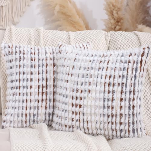 LUOYEHK Boho Throw Pillow Covers 16x16 Inch Set of 2 Chenille Tufted Pillowcase Farmhouse Neutral Cushion Covers for Couch Sofa Bed Living Room, Brown White - color: Brown White, size: 16" x 16" (Pack of 2)