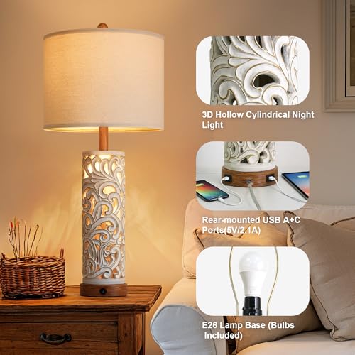 2-in-1 Light Table Lamp Set of 2 for Living Room, 28.5" Farmhouse Bedside Lamps with USB Charging Port, Main&Night Light & Dual Switches, Nightstand Lamp for Bedroom Home Office(Bulb Included) - color: Washed White and Brown
