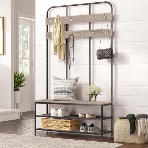 HOOBRO Hall Tree with Bench, Entryway Bench with Coat Rack, Mud Room Rack with 12 Double Hooks and Shoe Storage, Coat Tree, Shoe Organizer, for Foyer, Front Door, Greige and Black BG05MT01 - color: Greige + Black
