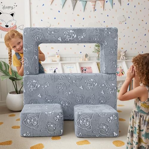 MeMoreCool Glow in Dark Dog Kids Couch, Fold Out Loveseat Sofa 39x20x16in | Grey dog glow in dark kids loveseat with armrests and pocket - color: Dog