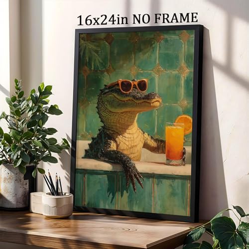 Funky Animals Wall Art Bathroom Humor Poster Animal in Bathtub Painting Aesthetic Cocktail Picture Crocodile Artwork Bathroom Drinking Pictures Funny Animal Green Poster for Restroom 16x24in Frameless - color: G3Unframed