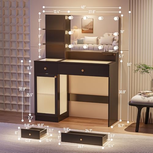 40" Vanity Desk with Large Mirror and Lights, Modern Glass Top Makeup Vanity Set with Power Outlet, Drawers and Cabinet, 3 Lighting Color Adjustable Dressing Table for Bedroom, Black - style: Black Vanity with Power Outlet