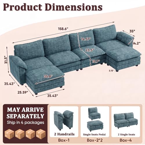 JUMMICO 159" U-Shaped Shaped Sectional Couch, Modular Cloud Sofa, Dark Blue | 2 Movable Ottoman,4 Deep Seats, Sturdy Frame, Comfy Chenille, Easy Assembly, Sleeper Sofa for Living Room, Apartment - color: Dark Blue, size: U Shaped Sofa