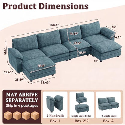 JUMMICO 159" U-Shaped Shaped Sectional Couch, Modular Cloud Sofa, Dark Blue | 2 Movable Ottoman,4 Deep Seats, Sturdy Frame, Comfy Chenille, Easy Assembly, Sleeper Sofa for Living Room, Apartment - color: Dark Blue, size: U Shaped Sofa
