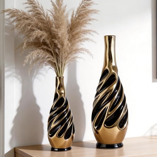 Yundu Gold with Black Vase Set of 2 | Pampas Grass Vase, Ceramic, Boho & Modern Centerpieces, Living Room Decor - color: Black With Gold
