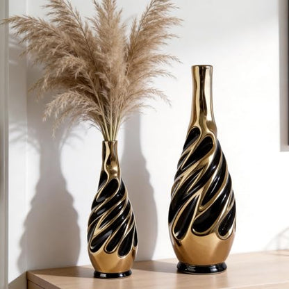 Yundu Gold with Black Vase Set of 2 | Pampas Grass Vase, Ceramic, Boho & Modern Centerpieces, Living Room Decor - color: Black With Gold