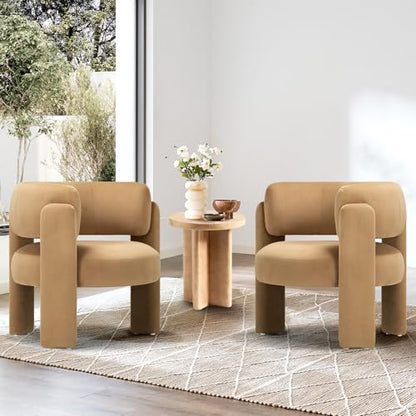 COLAMY Modern Velvet Accent Chairs Set of 2, Upholstered Barrel Chairs, Comfy Side Arm Chairs with 3 Legs for Living Room, Bedroom, Reading, Khaki - color: New-khaki, size: Set of 2