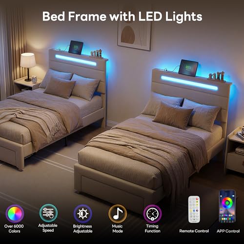 LIKIMIO Twin XL Bed Frames with Storage Drawer, Lights & Charging Station | Upholstered Modern Platform Bed, XL Twin Bed Frame with Headboard, No Box Spring Needed, Easy Assembly, Noise-Free, White - size: Twin XL