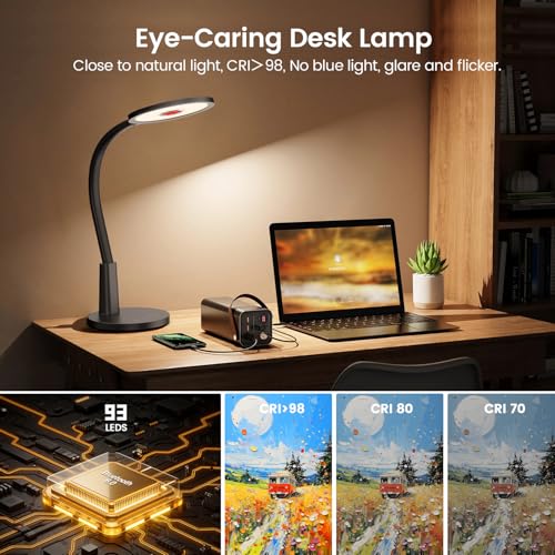Glendan Desk Lamp for Home Office: Eye-Caring LED Red Light Desk Lamp, 10 Brightness & Flexible Gooseneck, Dimmable Desk Light with Memory & Timer, Table Lamp for Study, Bedroom
