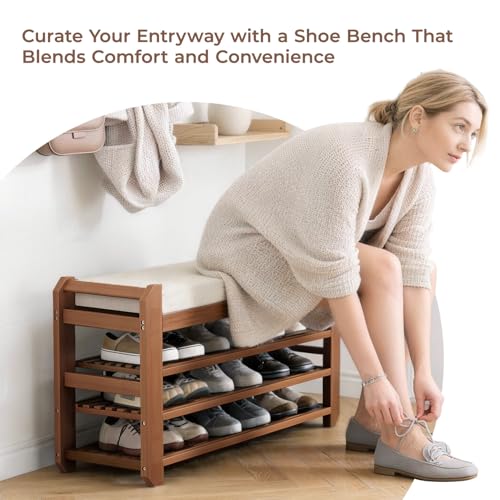 27.6" Bamboo Shoe Bench with Cushion, 5 Hooks Coat Rack, 3-Tier Adjustable Storage Bench for Entryway, Heavy Duty Shoe Rack Organizer with Removable Soft Cushion for Living Room Bedroom Hallway - size: 27.6" 3-Tier