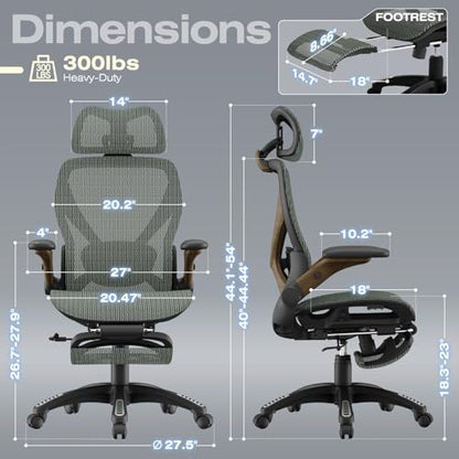 X100 Ergonomic Mesh Office Chair with Footrest, Big and Tall Home Desk Chair with 5D Flip-Up Arms, Adjustable 3D Lumbar Support, Gaming & Executive Computer Chair (Forest Ranger) - color: Forest Ranger
