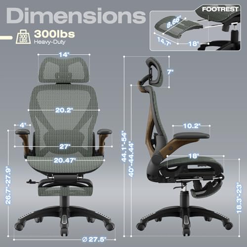 X100 Ergonomic Mesh Office Chair with Footrest, Big and Tall Home Desk Chair with 5D Flip-Up Arms, Adjustable 3D Lumbar Support, Gaming & Executive Computer Chair (Forest Ranger) - color: Forest Ranger