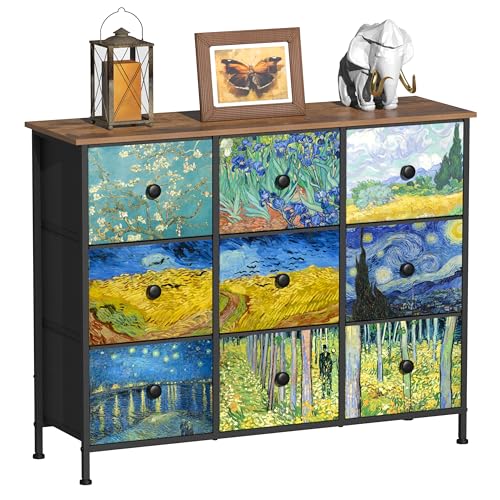 EXOTICA Van Gogh 9 Drawers Dresser Wide TV Stand Colorful Dressers & Chest of Drawers Enterway Furniture for Bedroom Living Room Hallway Closets Steel Frame Wood Top - size: 39.1"D x 11.8"W x 30.5"H (9 Drawers)
