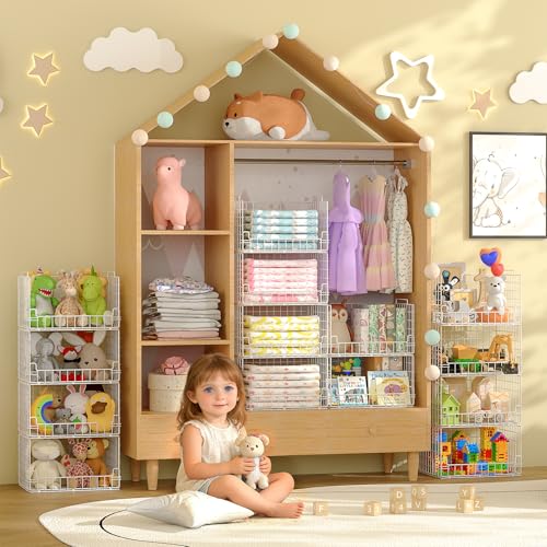 4-Tier Stackable Closet Organizers and Storage Basket - Foldable Closet Shelf Organizer System, Sturdy Metal Space-Saving Clothes Storage Bins for Wardrobe, White - color: White, size: 4-Tier