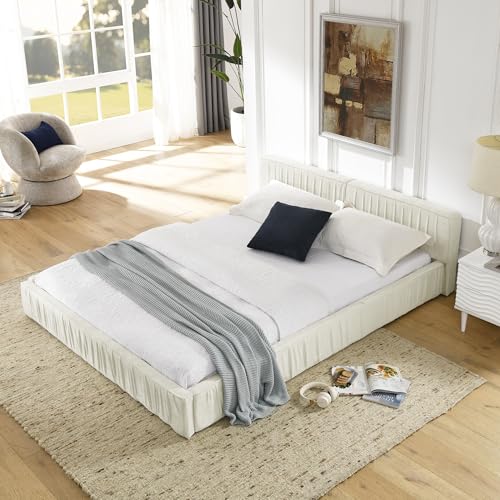 Queen Size Upholstered Bed Frame, Modern Grounded Bed with Solid Wood Slats, Pleated Headboard, Sturdy Construction, No Box Spring Needed, Grey (Beige, Queen) - color: Beige