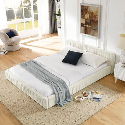 Queen Size Upholstered Bed Frame, Modern Grounded Bed with Solid Wood Slats, Pleated Headboard, Sturdy Construction, No Box Spring Needed, Grey (Beige, Queen) - color: Beige