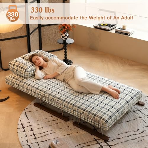 JASIWAY Single 3 in 1 Convertible Sofa Bed Chair with Adjustable Backrest, Checkered Fold Out Chair Bed with Pillow Fits for Small Space, Living Room, Bedroom, Ergonomic Comfort, Chestnut Brown