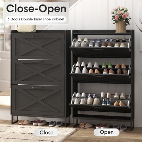 Maupvit Shoe Storage Cabinet with 3 Flip Drawers, Freestanding Organizer with Metal Legs for Entryway, Narrow Shoe Rack Cabinet, Black - color: Black, style: 3-Drawers