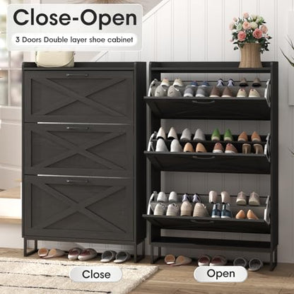 Maupvit Shoe Storage Cabinet with 3 Flip Drawers, Freestanding Organizer with Metal Legs for Entryway, Narrow Shoe Rack Cabinet, Black - color: Black, style: 3-Drawers